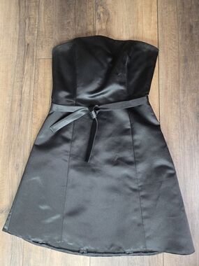 BCBGMaxAzria Black Strapless Satin A-Line Dress with Waist Tie
